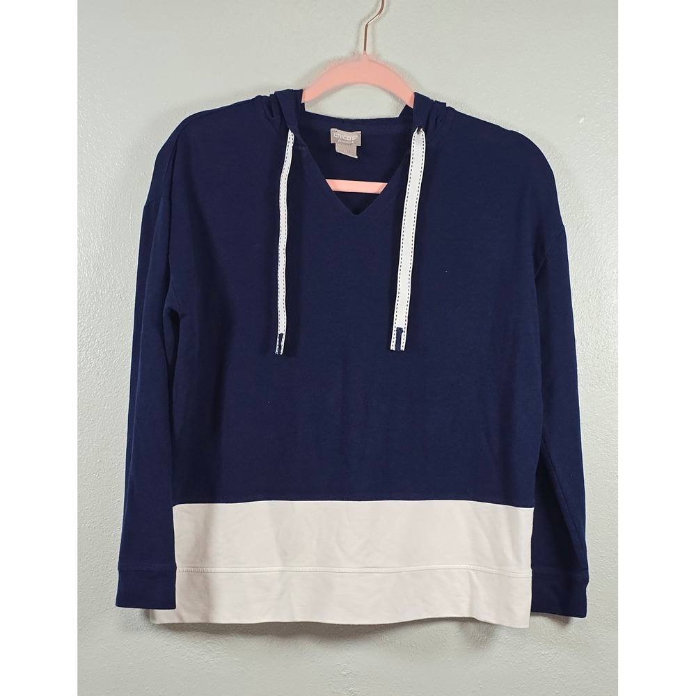 Chico's Zenergy Navy White Colorblock Hoodie Size 0 Small Cotton Modal Stretch